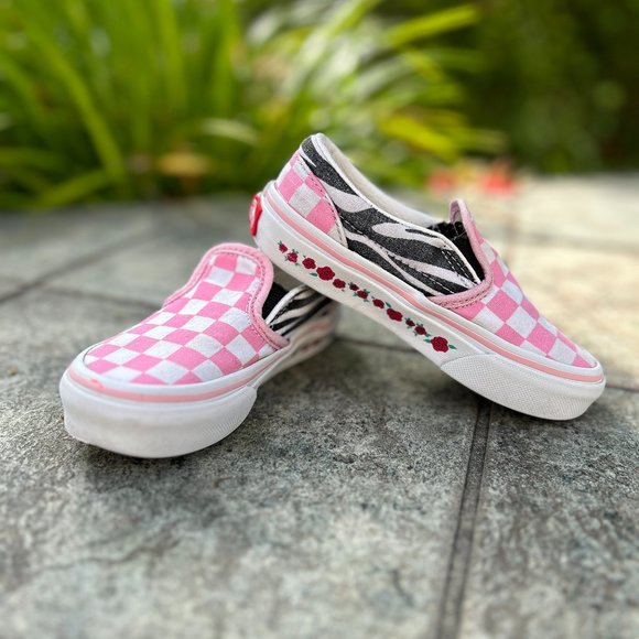 Vans Other - Custom Youth Vans Slip Ons Pink Checkerboard Zebra Print and Roses - Size 10.5